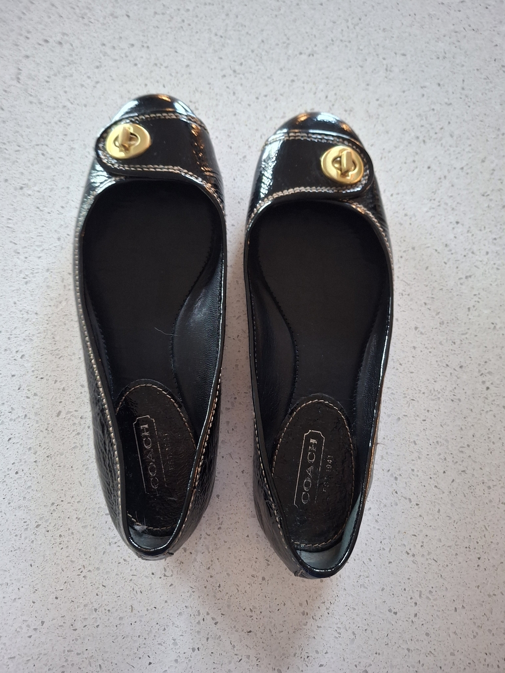 Coach Black Patent Ballet Flats with Gold Turnlock Accent